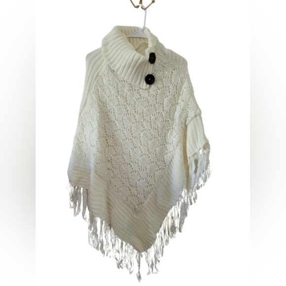 EUC! Ivory Knit Poncho with Silver sequin detail. Fits up to Size L. - Picture 1 of 5